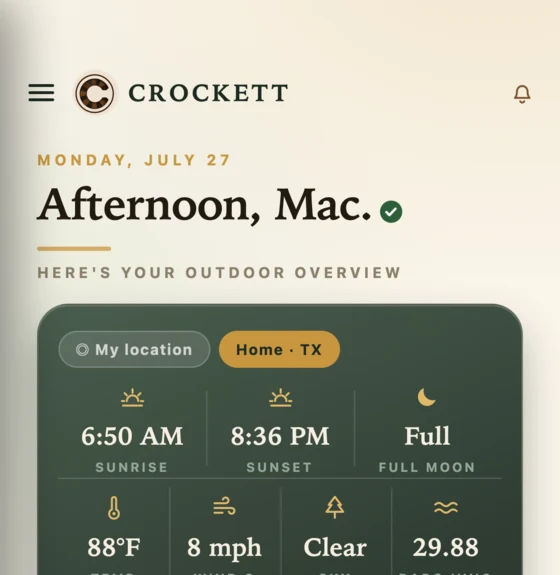 The home screen showing sunrise, sunset, shooting light, wind and pressure