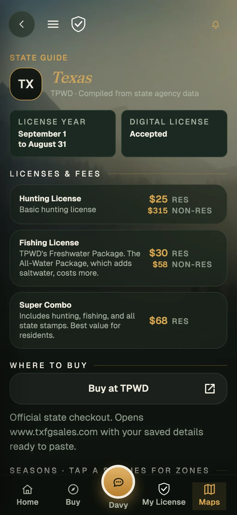 Texas state guide with seasons and license information