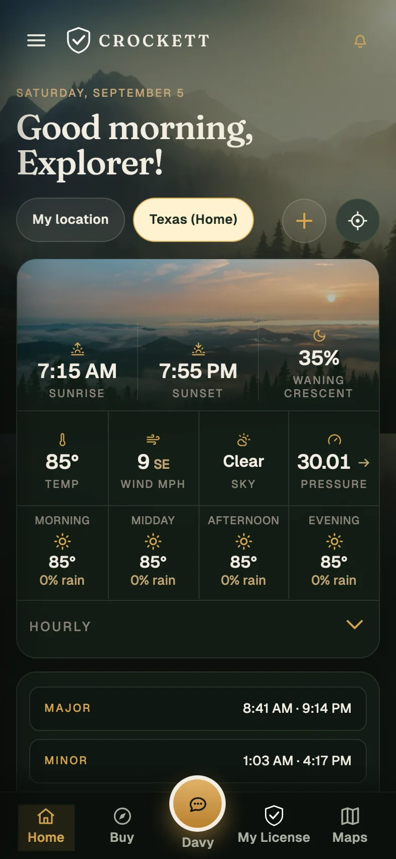 Outdoor overview with weather, sunrise, wind and moon conditions